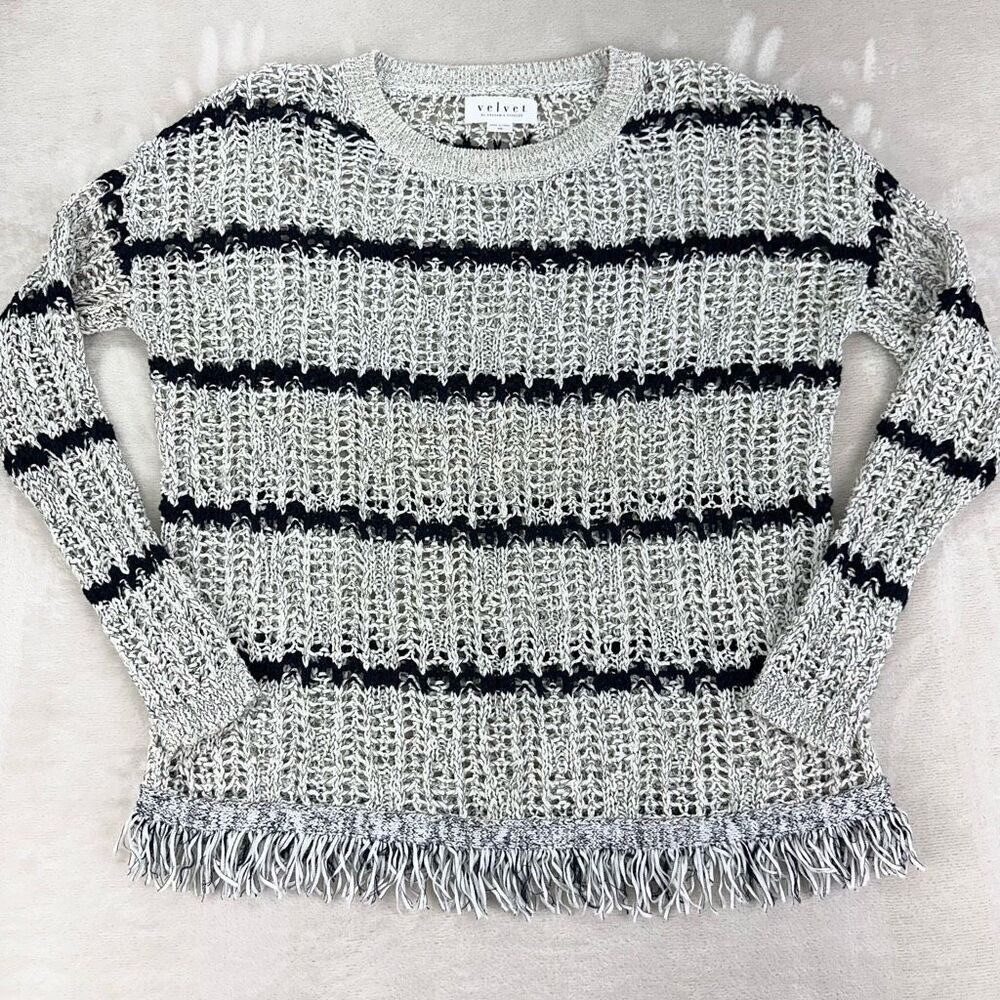 Velvet by Graham & Spencer Sweater Women’s XS-S Gray Black Fringe Boho Open Knit